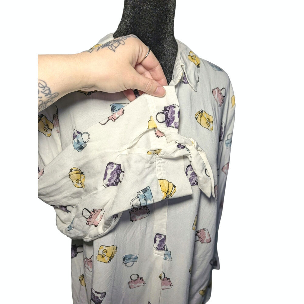Como Black NWT Women's XL Purse Handbag Print White Shirt Tie 3/4 Sleeve Blouse - Picture 8 of 12